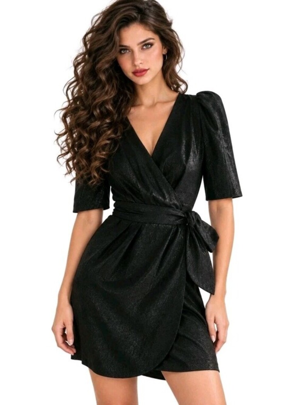 Sezane Doha Black Lurex Wrap 36/US 4 Metallic Shimmer Mini Dress in NEW #CC